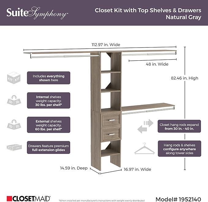 ClosetMaid SuiteSymphony Closet Organizer with Shelves and 2 Drawers, 16-Inch-Natural Gray