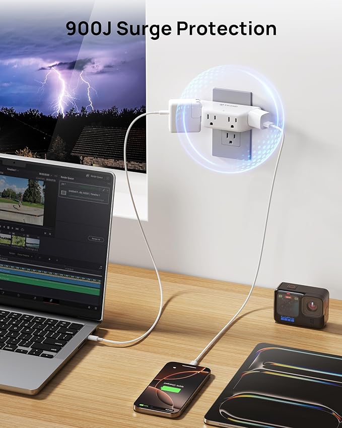 TROND Multi Plug Outlet Extender 2 Pack - Surge Protector Outlet with 4 Grounded Sockets, 3 Way Angled Plug Splitter, 900J, Multiple Wall Adapter for Home Office Travel Dorm Room, White