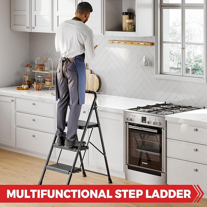 KINGRACK 3 Step Ladder, Sturdy Step Stool with Handrail, Wide Anti-Slip Pedals, 800lbs Max Load Capacity, Folding Step Stool for Home, Kitchen, Black