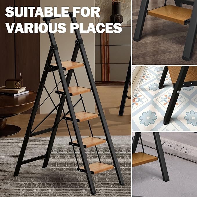 5 Step Ladder, Lightweight Folding Step Stool with Anti-Slip Aluminum Wide Pedal& Convenient Handgrip, 330lbs Capacity Steel Ladder for Household and Office (Black&Woodgrain)