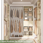 Closet System, 4-8 FT Closet Organizer Tower with 2 Wooden Drawers and Shelves, Can Fit 60 to 96 inch Walk-in Closet System with 5 Hang Rods, Built-in, Greige Oak