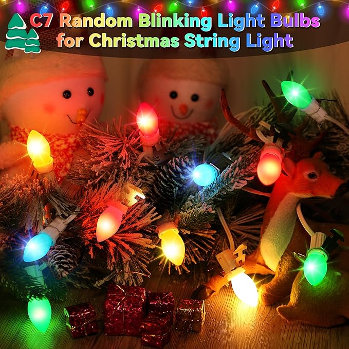 25 Pack Twinkle Christmas Replacement Bulbs, 7W Random Blinking Light Bulbs for Christmas String Light, Nightlights(Multicolor,C7,E12 Intermediate Base)