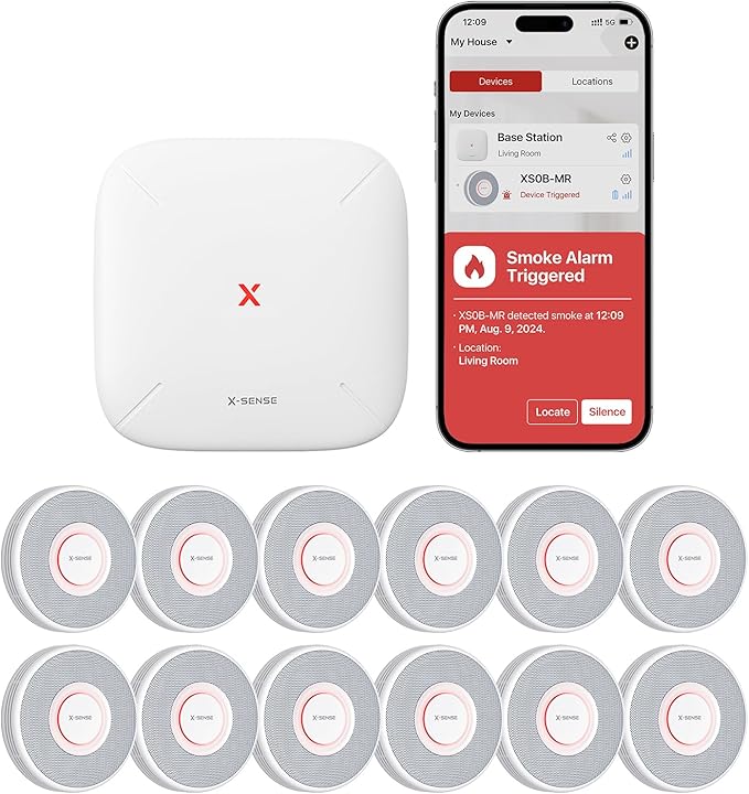 X-Sense Smart Smoke Detector with Voice Alerts and 17 Locations, Wi-Fi Smoke Alarm with SBS50 Base Station, Test from APP, Wireless Interconnected Fire Alarm, Model XS0B-MR121