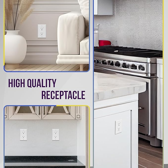 ENERLITES Decorator Receptacle, Wall Outlet with Wall Plate, Tamper-Resistant, Gloss Finish, Residential Grade, 3-Wire, Self-Grounding, 2-Pole, 15A 125V, UL Listed, 61501-TR-WWP, White (10 Pack)