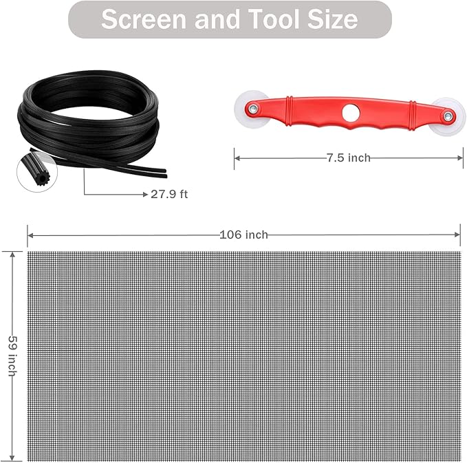 Window Screen Replacement Kit, 59'' x 106'' Fiberglass Screen Mesh with Rolling Tool and Screen Retainer Spline, DIY Adjustable Screen Door Mesh for Window, Door and Patio, Black