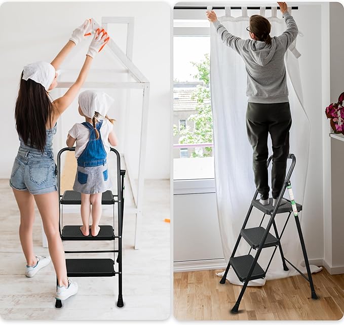 3 Step Ladder, Protable Steel Folding Stool with Wide Anti-Slip Pedal, 500lbs Sturdy Steel Ladder, Black