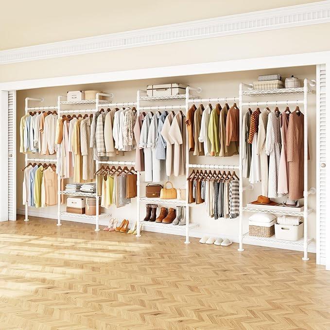 H6 Wall Mounted Closet System, Industrial Pipe Clothes Rack Clothing Racks with 6 Telescopic Rods & 3 Fixing Rods & 9 Shelves, Heavy Duty Closet Organizers and Storage in Wardrobe Closet (White)