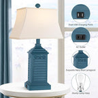 Set of 2 Table Lamps for Living Room Bedrooms, Coastal Nautical Navy Blue Bedside Nightstand Lamp with 2 USB Ports 1 AC Outlet, 3-Color Temperature Farmhouse Beach End Tables Lamp with LED Bulbs