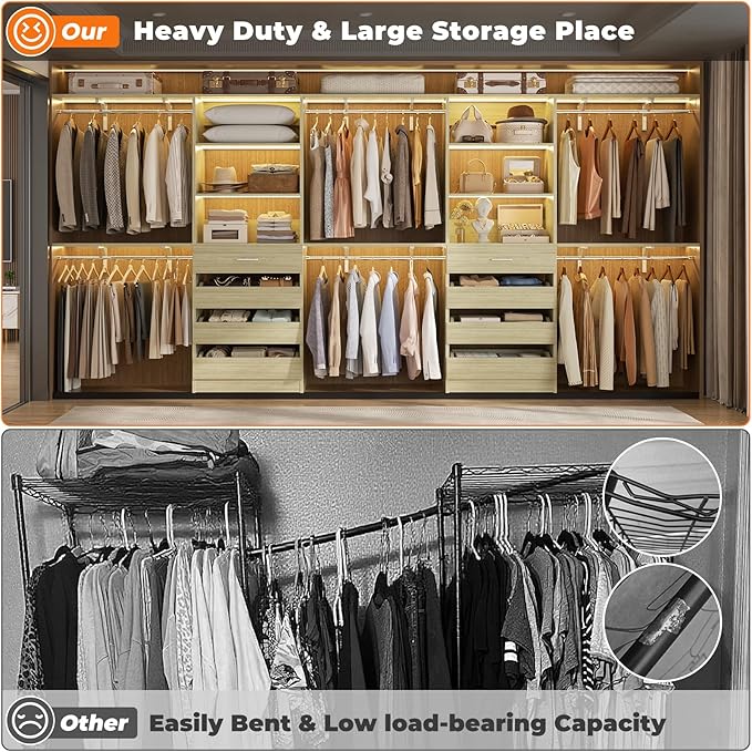 Aheaplus Closet System with Drawers Set of 2, Wood Closet Organizer System with 8 Hanging Rods & Top Shelves, Walk-in Closets Organizer Wardrobe Clothes Rack, Cut Fits Spaces 4-9FT. Wide, White Oak