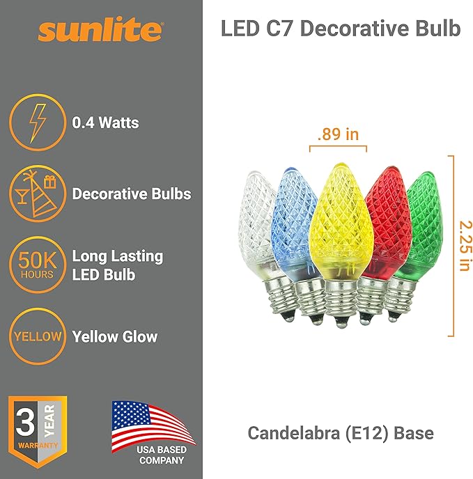 Sunlite 41295 LED C7 Holiday Decorative Light Bulb, 0.4 Watts, E12 Candelabra Base, Faceted Christmas-Lights; Nightlight, Multi Color Combo 30 Count