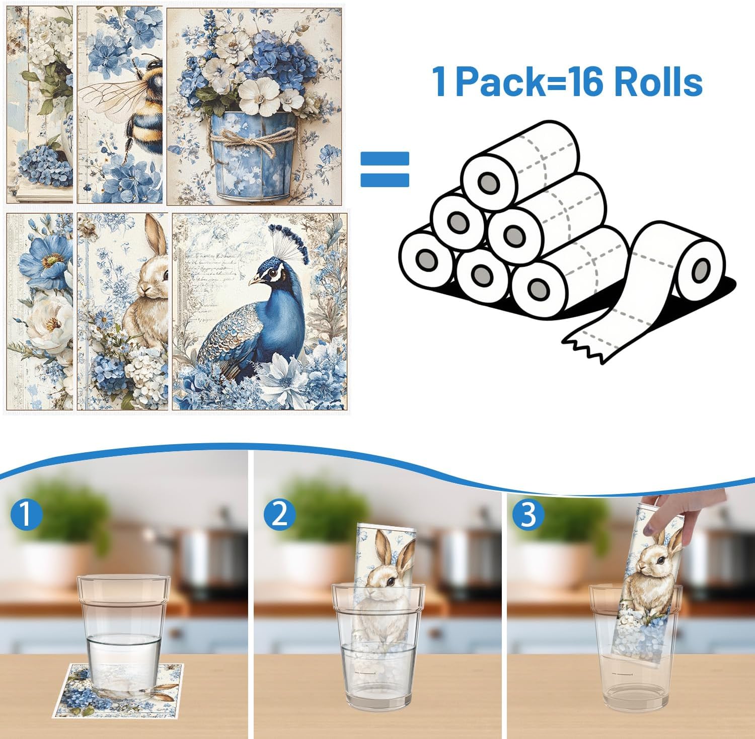 Vintage Swedish Dishcloths for Kitchen, 6PCS Flower Blue Peacock Swedish Dish Cloths Gift Set, Reusable Absorbent Cellulose Sponge Dish Towel for Home Cleaning(7.8 X 7 Inches)