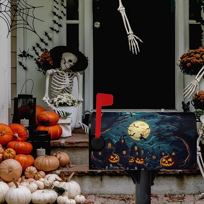Halloween Pumpkin Castle Mailbox Covers Magnetic Lareg Size 25.5x21 Inch Spooky Witch Mailbox Cover Oversized Moon Night Letter Post Box Wraps for Garden Yard Outdoor Decor