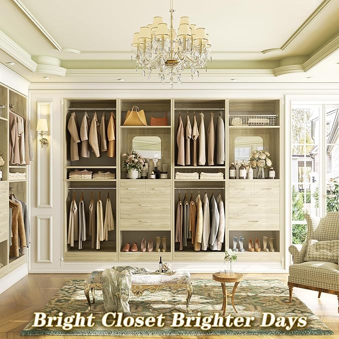 Unikito 100” Closet System with Drawers, 8.3FT Wood Closet Organizer with Hanging Rods and Mirror Design, Reversible Large Walk in Closets Tower Garment Racks with Shelves, White Oak