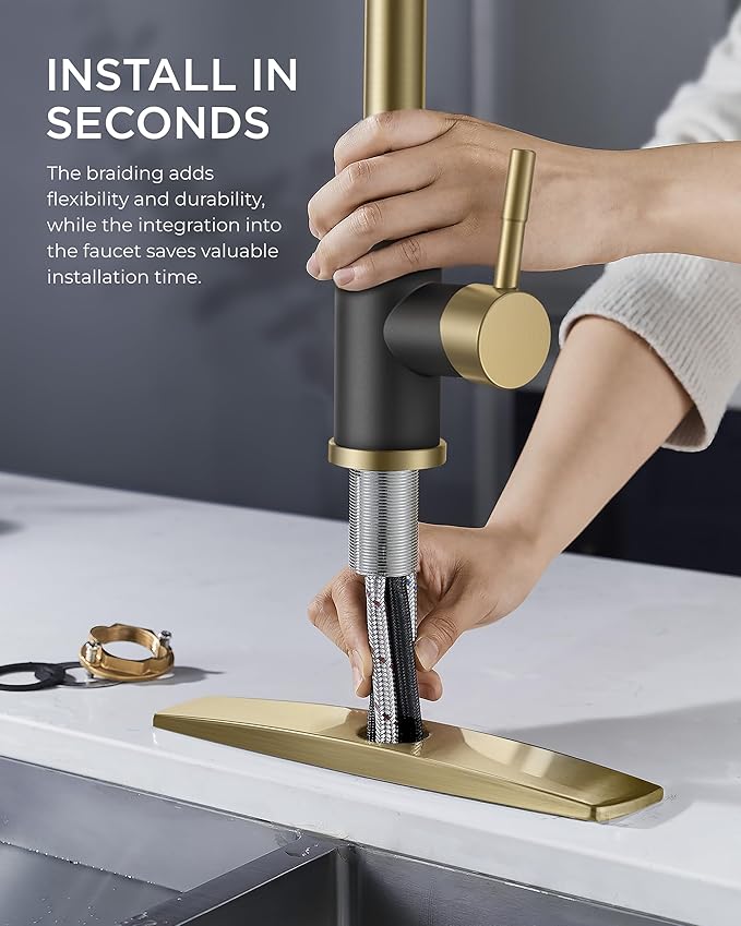 FORIOUS Kitchen Faucets with Pull Down Sprayer, High Arc Single Handle Classic Stainless Steel Sink Faucet 1 or 3 Hole, Suitable for Farmhouse Camper Laundry Rv Bar, Black Gold