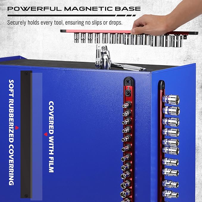 Magnetic Socket Holder Organizer Set: 1/4 Detachable Socket Trays Socket Organizer for Tool Box Drawer Holds 14-Piece Standard Size Sockets for Automotive Garage(Red)