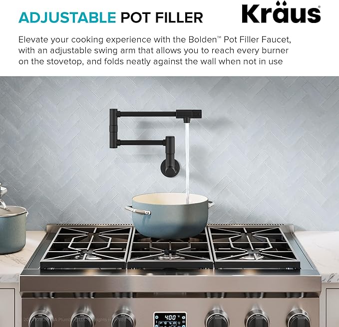 KRAUS Bolden 2 Handle Pot Filler Faucet with Retractable Arm, Wall Mount Kitchen Faucet, Pot Filler for Over Stove in Matte Black, KPF-5003MB
