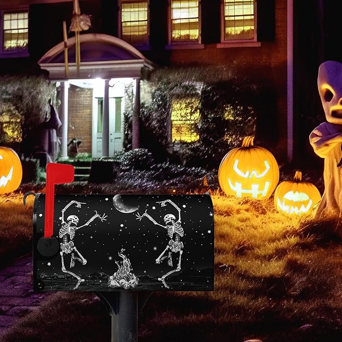 Halloween Skull Mailbox Cover Oversized Dancing Human Skeleton Mailbox Covers Magnetic Large Size 25.5x21 Inch Moon Black Post Letter Box Wraps for Garden Outdoor Decorations