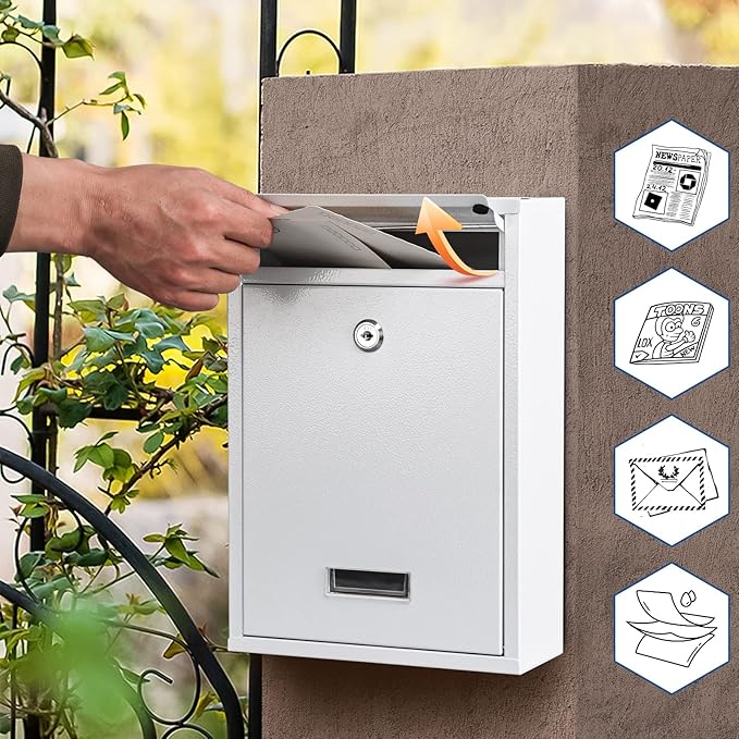 KYODOLED Key Lock MailBoxes for Outside, Locking Wall Mount Mailbox, Security Key Drop Box for Letters Newspapers, Cards, 12.4H x 8.54L x 3.35W Inches, White