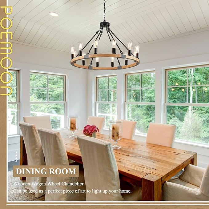 31.5'' 12 Lights Wooden Wagon Wheel Chandelier Natural Farmhouse Wood Round Chandelier Black Rustic Light Fixture for Living Dining Room Entryway Foyer Kitchen