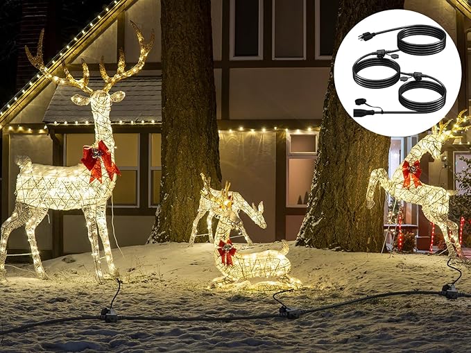 25Ft Outdoor Extension Cord - Evenly Spaced 3 Outlets Plugs with Safety Cover, 16/3 SJTW Weatherproof Multi Outlet Extension Cord for Landscape, Halloween, Holiday Decor, ETL Listed (Black)