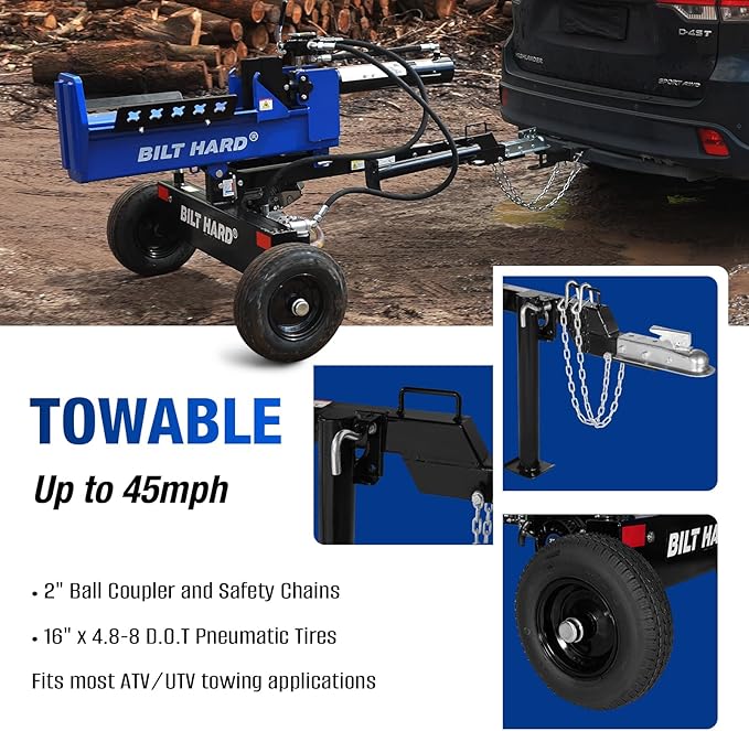 BILT HARD 25-Ton Horizontal/Vertical Towable Gas Log Splitter, Hydraulic Log Splitter with 8 HP 223cc 4-Cycle OHV Engine, 2" Ball Coupler, Safety Chains, Wood Splitter for Firewood Splitting