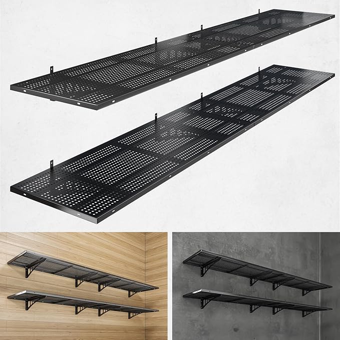 4-Pack 1.5x4ft Heavy Duty Garage Wall Shelving, 1000 lbs Load Capacity, Garage Shelving Wall Mounted, Storage Rack with Hooks, Black