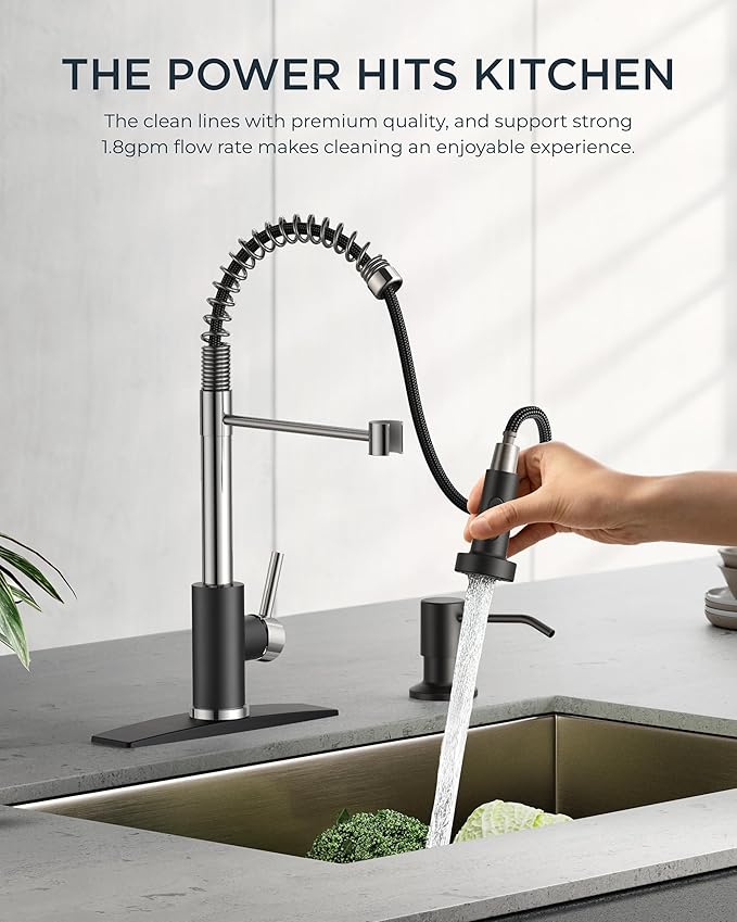FORIOUS Kitchen Faucet with Pull Down Sprayer, Stainless Steel Commercial Single Handle Classic Spring Pull Out Sink Faucet for Pot Filler, Farmhouse Camper Bar Laundry Room, Black Chrome