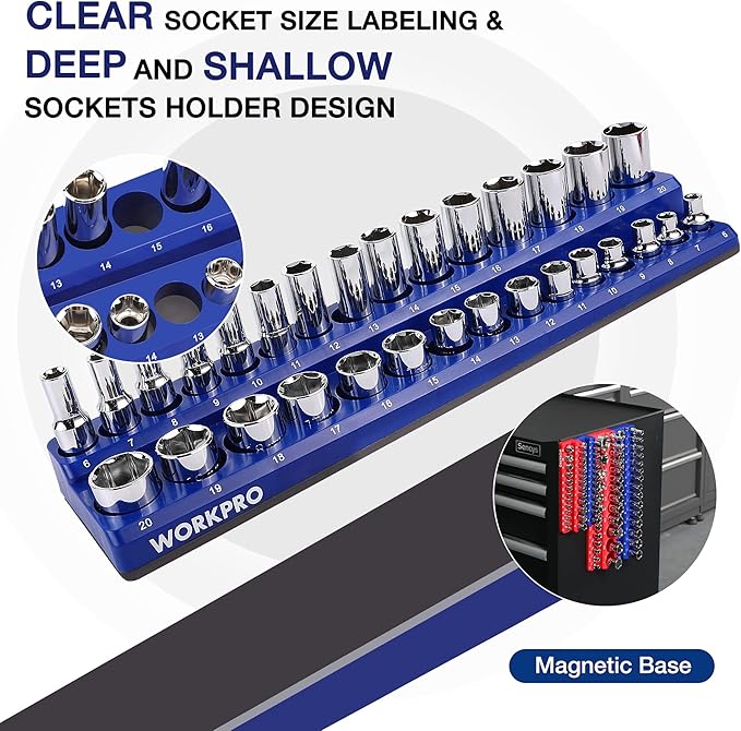 WORKPRO Magnetic Socket Organizer Set, 4-Piece Socket Holder Set Includes 1/4", 3/8" Drive Metric & SAE Socket Trays, Holds 108 Pieces Standard and Deep Size Sockets (Sockets not Included)