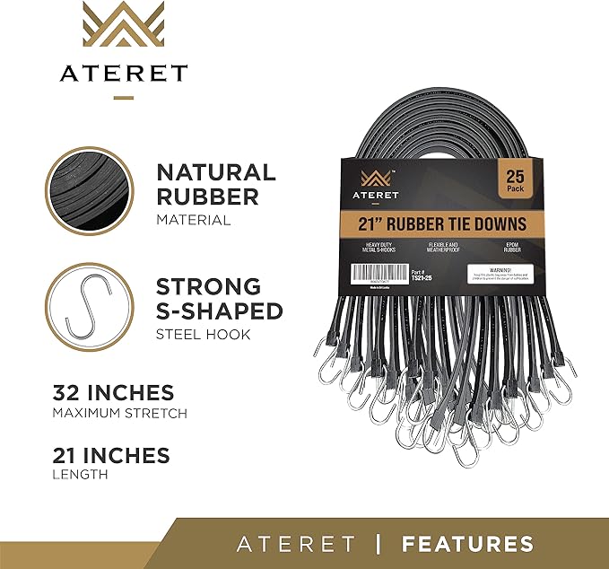 ATERET Rubber Bungee Cords with Hooks I 21 Inch, 32" Max Stretch I Heavy-Duty Black Tie Down Straps for Outdoor, Tarp Covers, Canvas Canopies, Motorcycle, and Cargo, Pack of 25