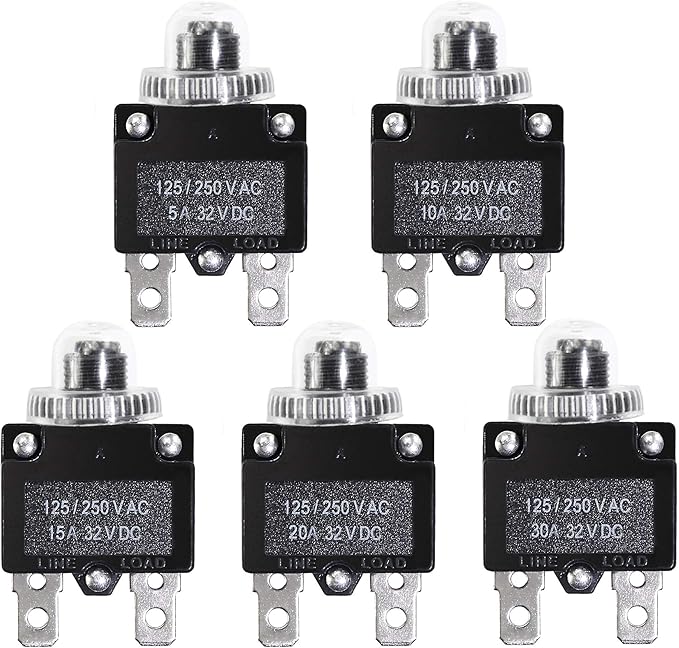 5PCS 5,10,15,20,30Amp Circuit Breakers with Manual Reset 32VDC,AC125-250V with Quick Connect Terminals