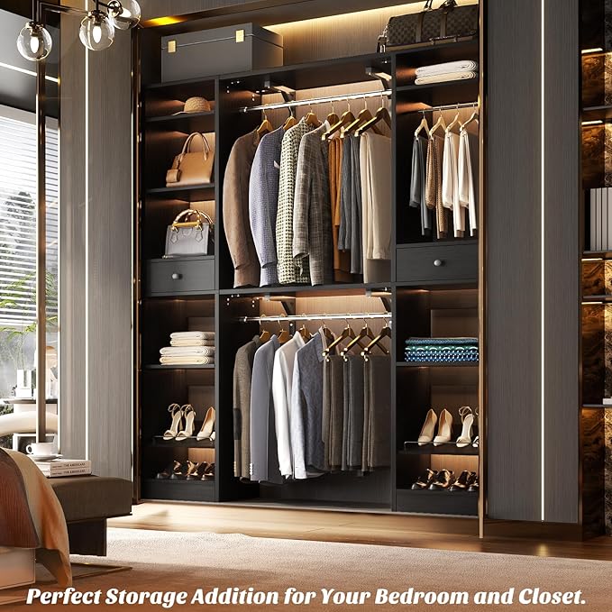 Unikito 58 - 90 Inch Closet System, Large Walk in Closet Organizer with 3 Hanging Rods and Shelves, Heavy Duty Wood Closets Wardrobe with 2 Drawers & Shoe Rack, Sturdy Reversible Clothing Rack, Black