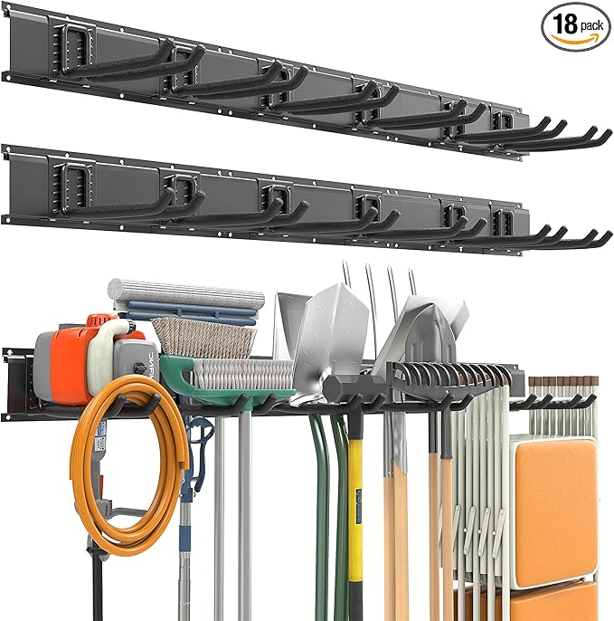 EVERHANGER Garage Tool Storage Organizer, Wall Mount Garden Tool Rack Organization, Heavy Duty Folding Chair Hangers with 12 Adjustable Hooks, Max Load 900lb, 96inch