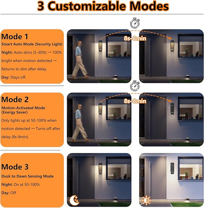 Dusk to Dawn Outdoor Wall Light with Built-in LED, 3 Adjustable Modes, All Aluminum Waterproof IP65 - Exterior Light Fixture for Porch, Garage, Front Door, House, 2 Pack