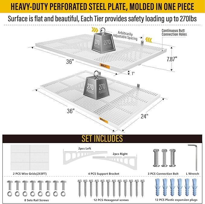 2Pack 2x3ft Adjustable Metal Garage Wall Shelving Heavy Duty Garage Storage Shelf Wall Mounted White