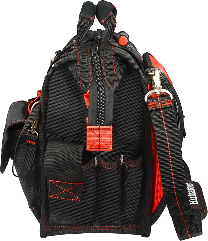 Hultafors Work Gear HTL573 Lighted Technician's Tool Bag, 55 Pockets, Heavy Duty Ballistic Polyester Tool Carrier, Adjustable Swivel Light, Large Center Compartment