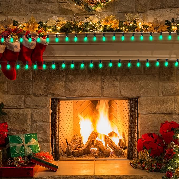 25 Pack C9 Christmas Replacement Bulbs, Green Christmas Bulbs Vintage Ceramic Incandescent Light for Indoor Outdoor Patio Xmas Party String Lights, 7W Night Light, C9/E17 Intermediate Base
