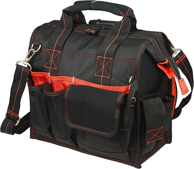 Hultafors Work Gear HTL573 Lighted Technician's Tool Bag, 55 Pockets, Heavy Duty Ballistic Polyester Tool Carrier, Adjustable Swivel Light, Large Center Compartment