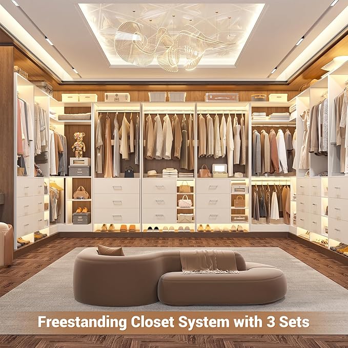 Aheaplus Closet System with 3 Sets, 86.8" Closet Organizer System with 6 Drawers & 4 Hanging Rods, L Shaped Walk-in Closets, Wardrobe Set, Corner Tower, Garment Rack Load 2000+LBS, -X1,White