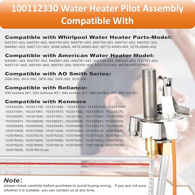 Long Term Heating Function 100112330 Water Heater Pilot Assembly Reliance Gas Thermopile Assembly Compatible with Reliance, State, A.O. Smith, and American Branded Heaters