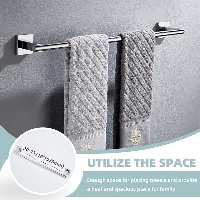 Suyar Bathroom Accessories Set Polished Chrome, SUS 304 Stainless Steel Bathroom Hardware Set 4 Pieces, Include Robe Hook, Toilet Paper Holder, Hand Towel Holder, Towel Bar, Wall Mounted