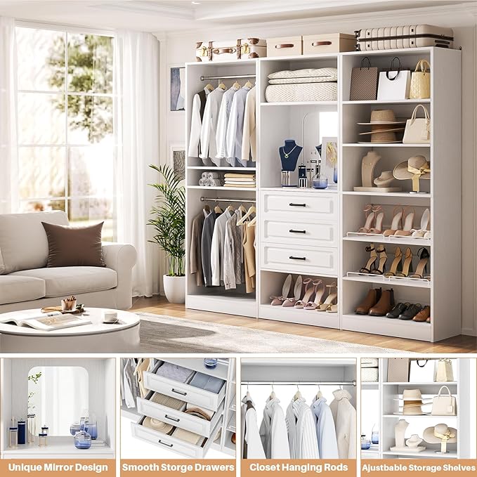 Unikito Modular Closet System with 3 Sets, 75”Closet Organizer System With Drawers, Mirror, Hanging Rods and Adjustable Shelves, Freestanding Wood Wardrobe Garment Rack, Walk in Closet Tower, White