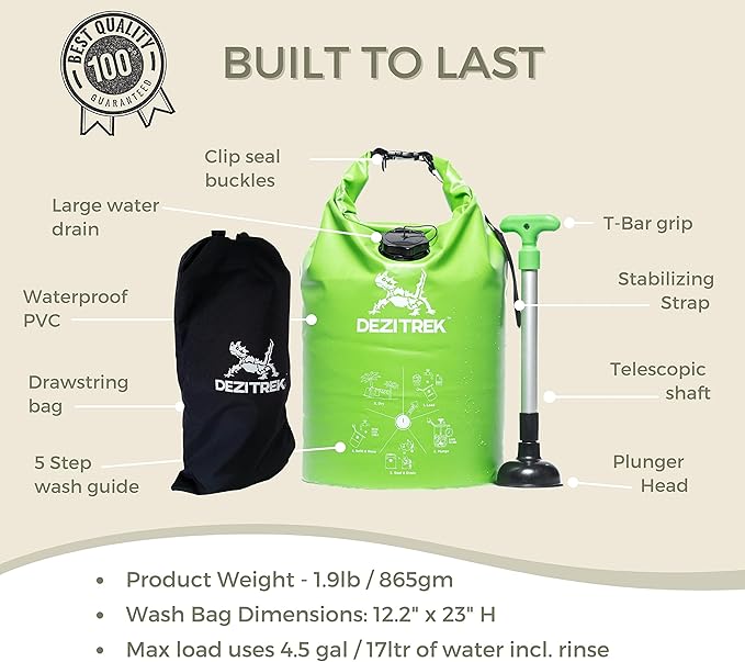 One Hand Wash Bag and Plunger Set - Off Grid Washing Machine Non Electric for Camping Travel | Eco Friendly Portable Manual Clothes