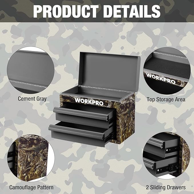 WORKPRO Metal Mini Tool Box, Top Tool Chest containing Two Drawers with Ball Bearing Slides, PVC Drawer Liners and PP Feet Pads, Durable Cold Rolled Steel Small Toolbox for Multi-Purpose Storage