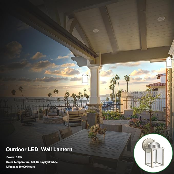 LIT-PaTH Outdoor LED Wall Lantern, Wall Sconce as Porch Lighting Fixture, 5000K Daylight White, 9.5W 800 Lumen, Aluminum Housing Plus Glass, Nickel Finish-2 Pack