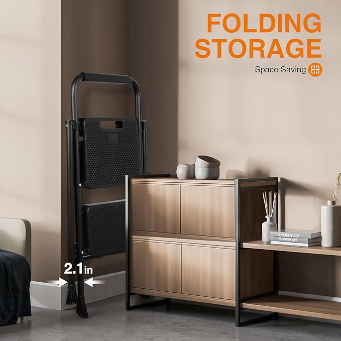 2 Step Ladder, Protable Steel Folding Stool with Wide Anti-Slip Pedal, 500lbs Sturdy Steel Ladder, Black