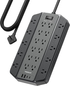 4000J Surge Protector Power Strip, TESSAN 22 Outlets Heavy Duty Extension Cord with 4 USB Ports (2 USB C), 1875W, 15A, Flat Plug, Charging Station for Home, Office, Gaming Room, PC, Dorm, Black
