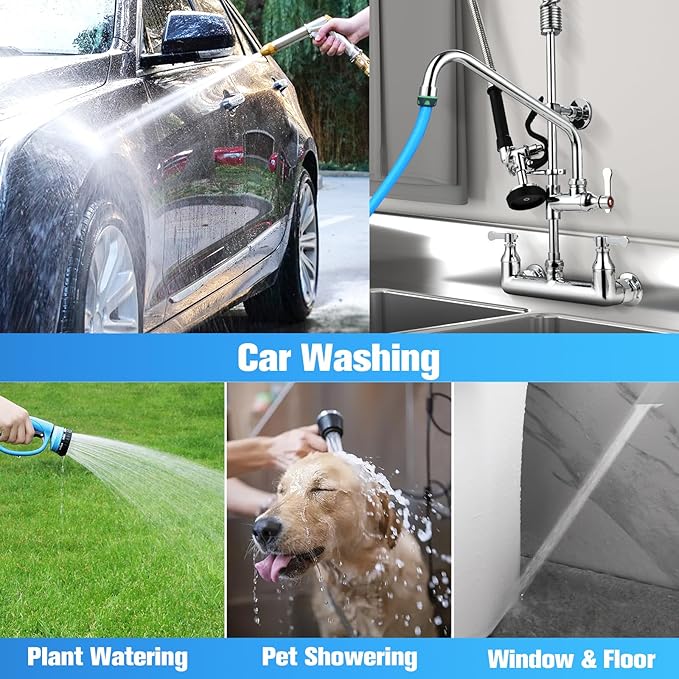 Commercial Sink Faucet with Sprayer 36" Height 8" Adjustable Center, Commercial Wall Mount Kitchen Sink Faucet with Pre-Rinse Sprayer and 12" Swing Spout for Restaurant Industrial