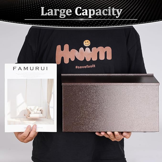 Dalmbox Wall-Mount Mailbox Large Mailbox for Post Rust-Proof Galvanized Steel Box for Outside or Townhouse Horizontal Style, Bronze, 15.7” x 4.3” x 9.4”