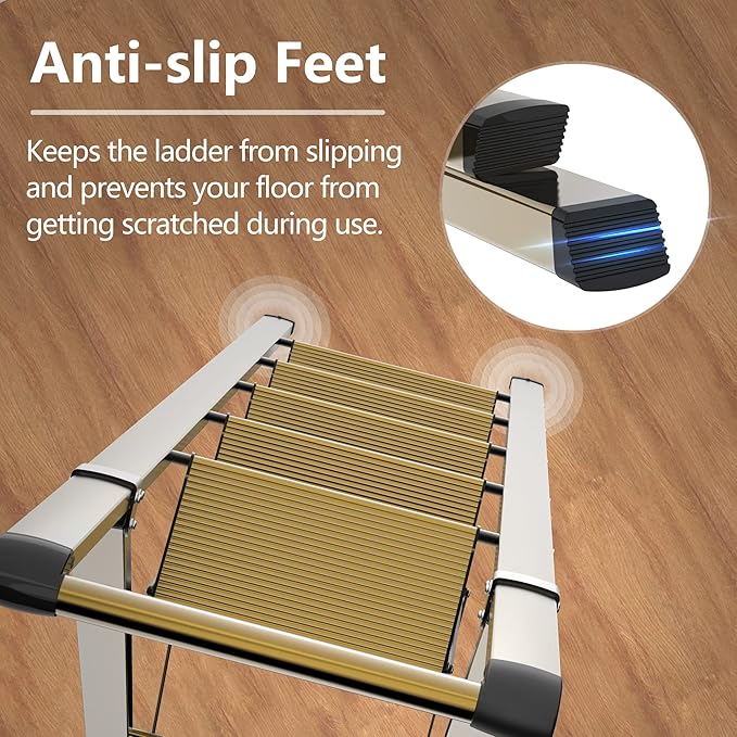 GameGem 5 Step Ladder for 10 Feet High Ceiling, Lightweight Aluminum Folding Step Stool with Convenient Handgrip, Stepladders with Anti-Slip and Wide Pedal for Home Use Space Saving - Gold