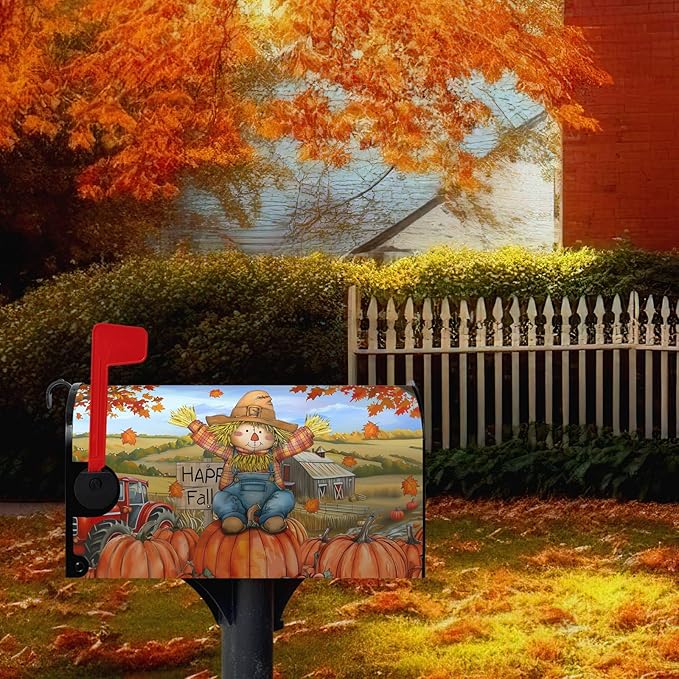 Fall Scarecrow Decorative Mailbox Covers Magnetic Large Size 25.5x21 Autumn Pumpkins Maple Leaves Mailbox Wraps Cover Harvest Letterbox Cover for Garden Outdoor Decor